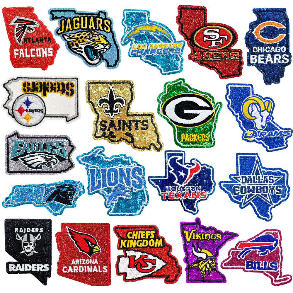 19 pcs NFL Team Glitter Embroidered Patch | DIY Iron-On Patch for T-Shirts, Backpacks, Hats & More Custom Accessories